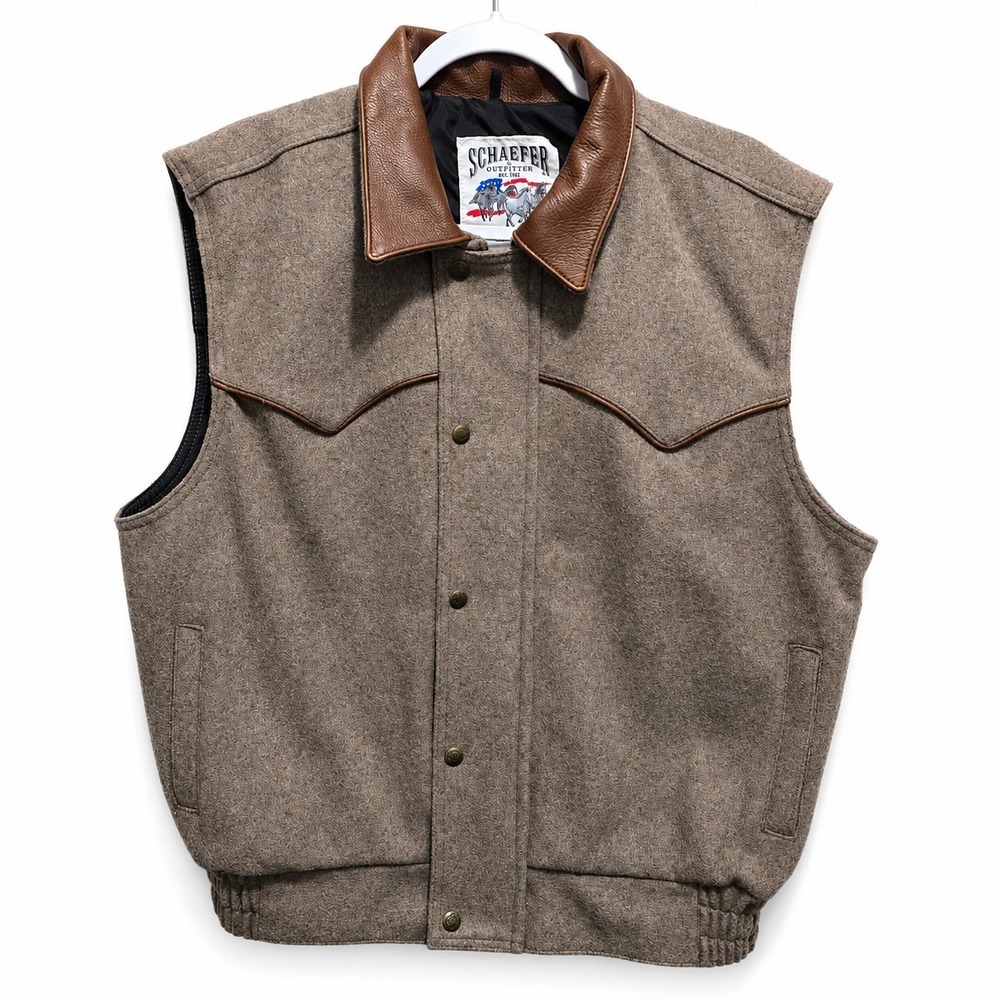 Schaefer Outfitter Mens Large‎ Wool Vest Brown Leather Collar Western Cowboy USA
